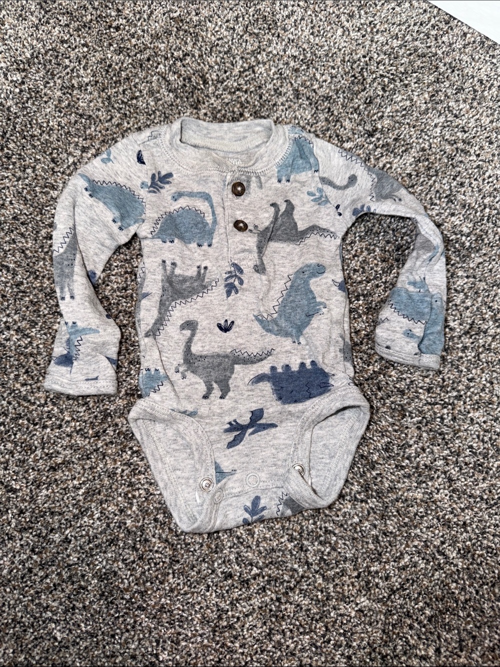 Baby Long-Sleeve Dino One-Piece Bodysuit in Light Gray and Blue